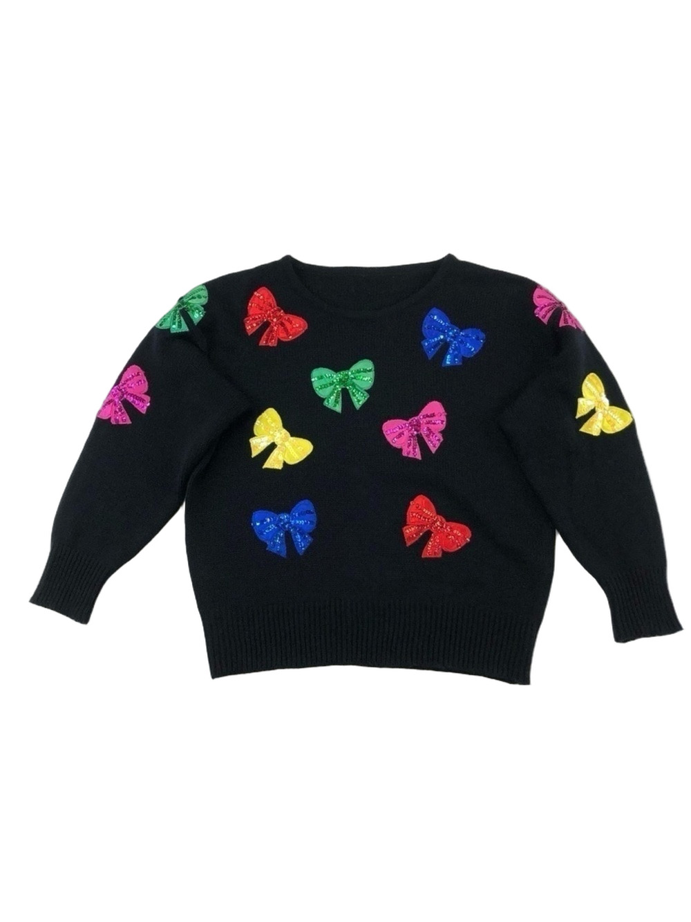 Vintage 80s Black Sequin Bow Appliqué Pullover Sweater Medium